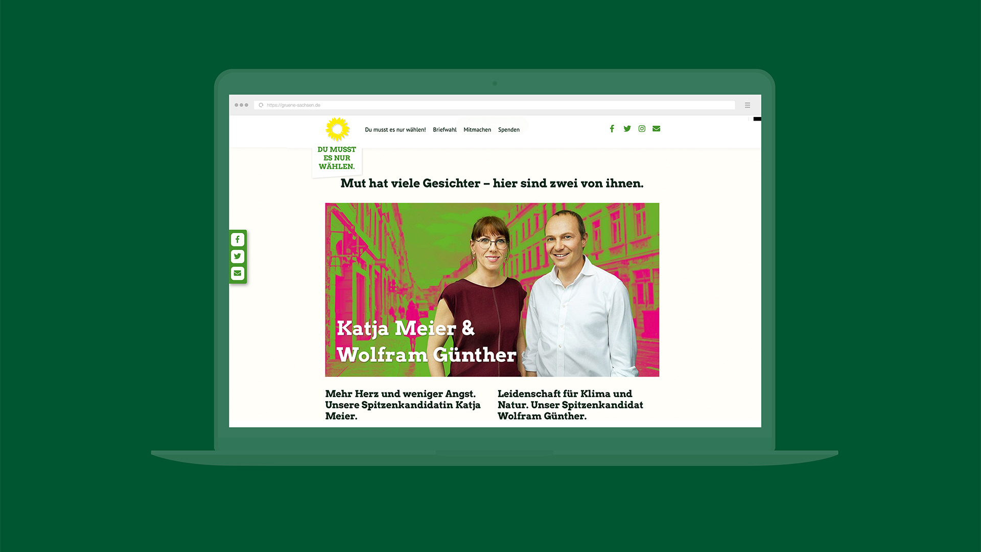 Laptop zeigt Kampagnenwebseite mit Spitzenkandidat*innen Katja Meier und Wolfram Günther