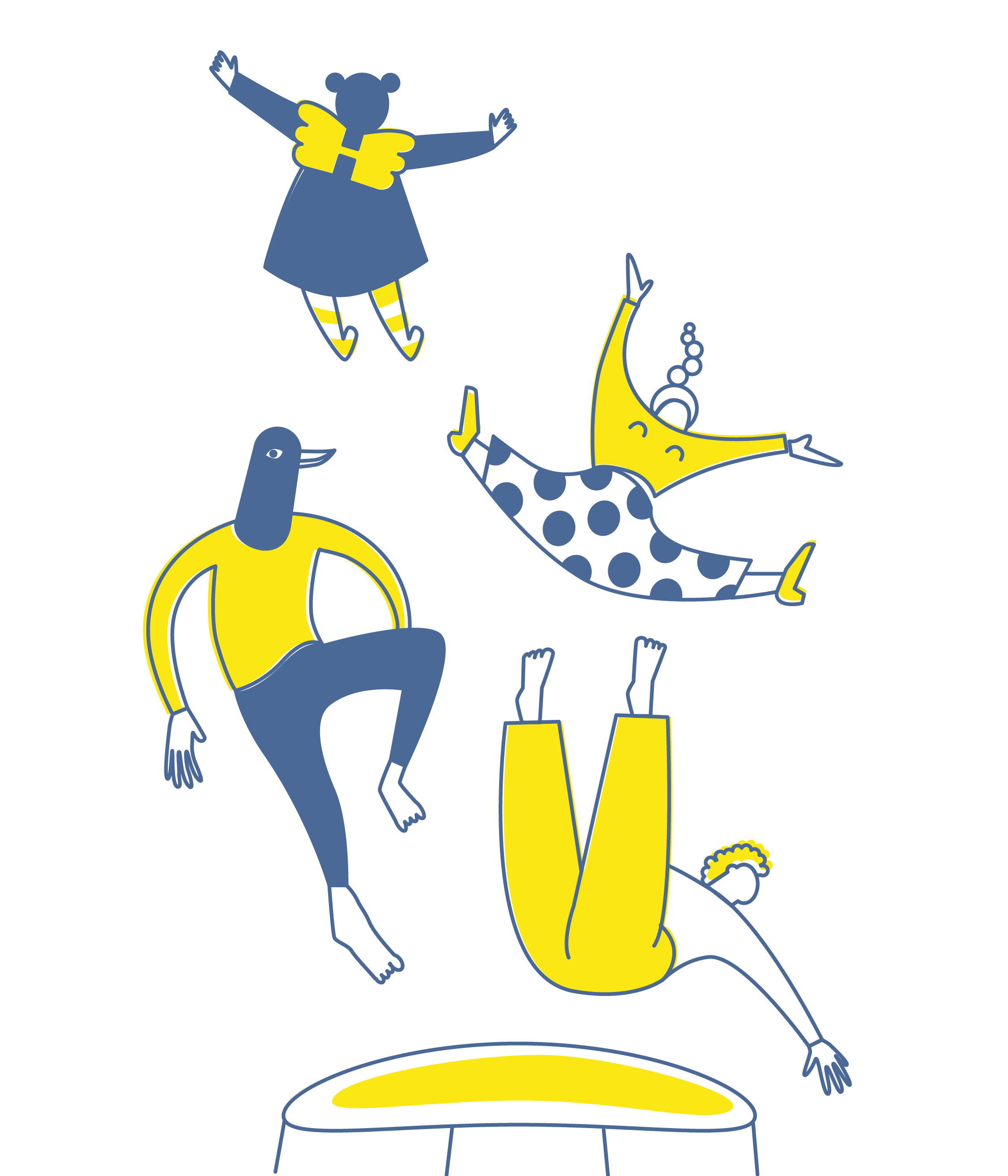Wigwam Illustration - stilisierte, lebendig auf Trampolin in die Luft hüpfende, Menschen und Tiergestalten, in den Farben blau und gelb.