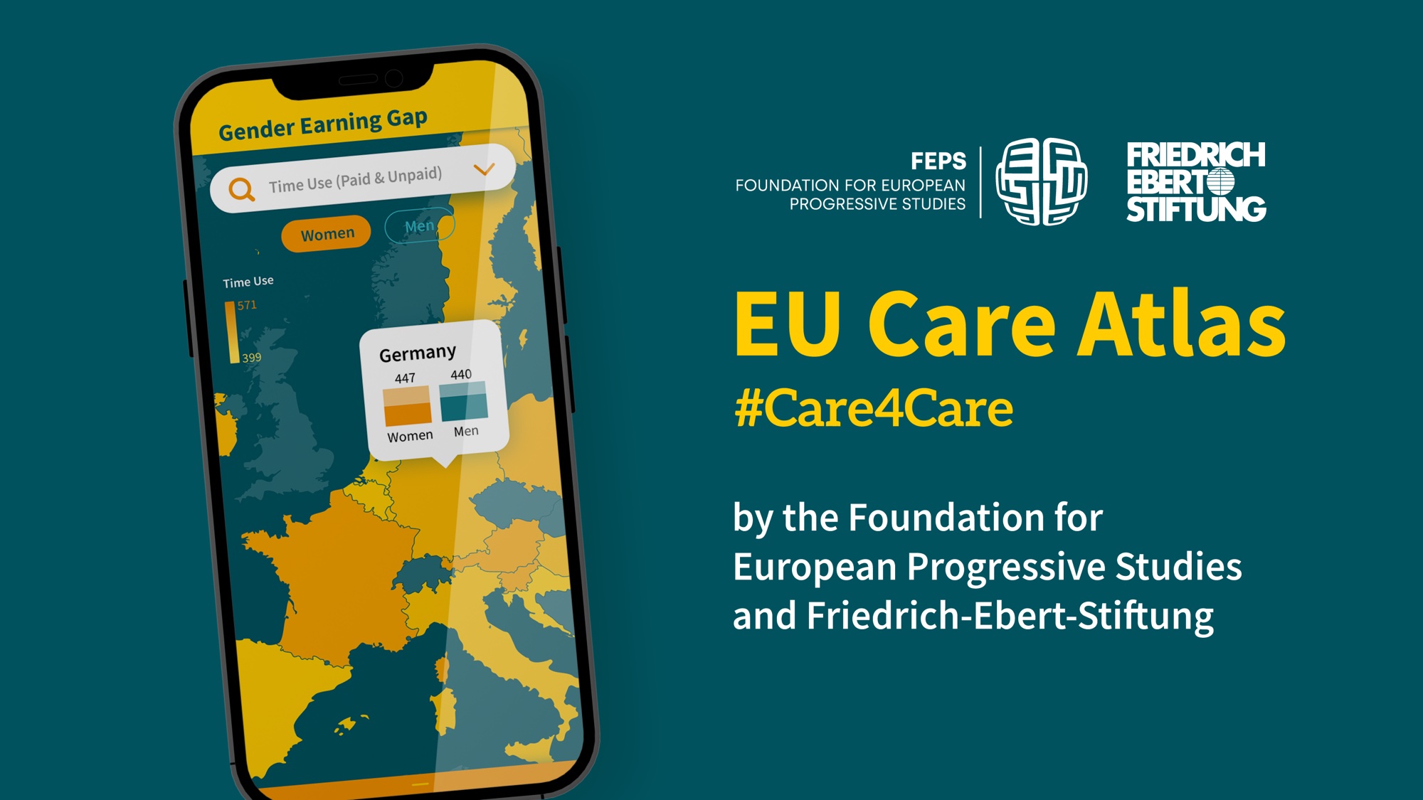 Online-Banner für den EU Care Atlas. Zu sehen ist ein Smartphone, mit Europakarte auf dem Display
