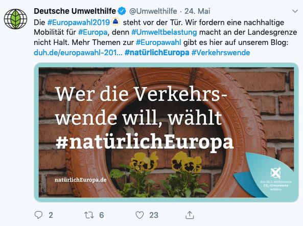 Twitter Post Deutsche Umwelthilfe: Wer die Verkehrswende will, wählt # natürlich Europa
