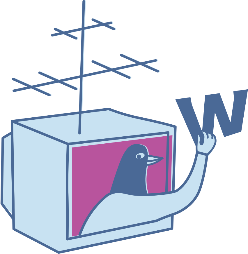 Header Illustration - Wigwam Illustration: Fernseher mit Antenne und Pinguin, der das Wigwam W aus dem Fernseher heraushält