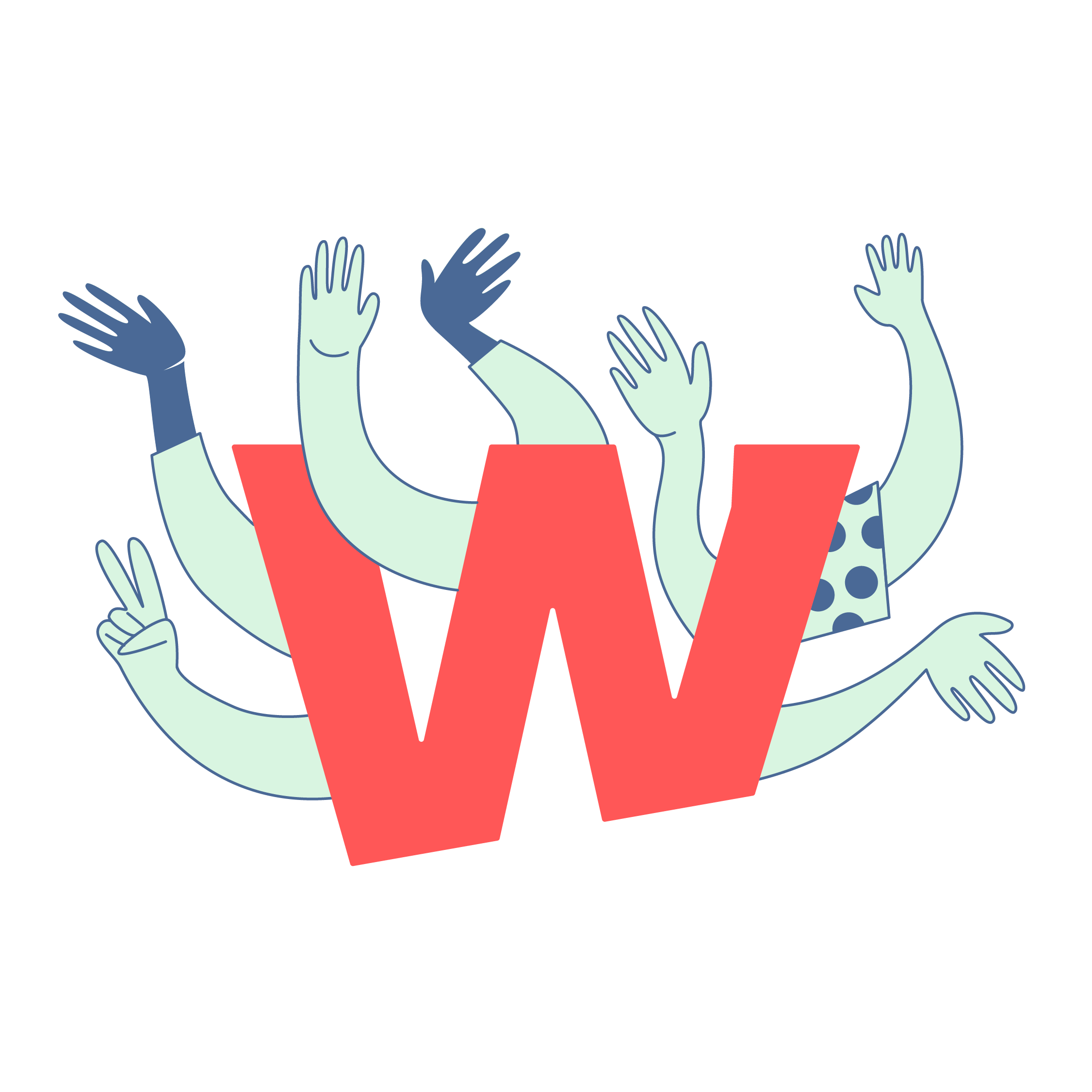 Header Illustration - Grafische Illustration in rot, blau und hellgün des roten Wigwam `W´-Logos mit winkenden stilisierten, freudigen und winkenden Händen daraus hervortretend.