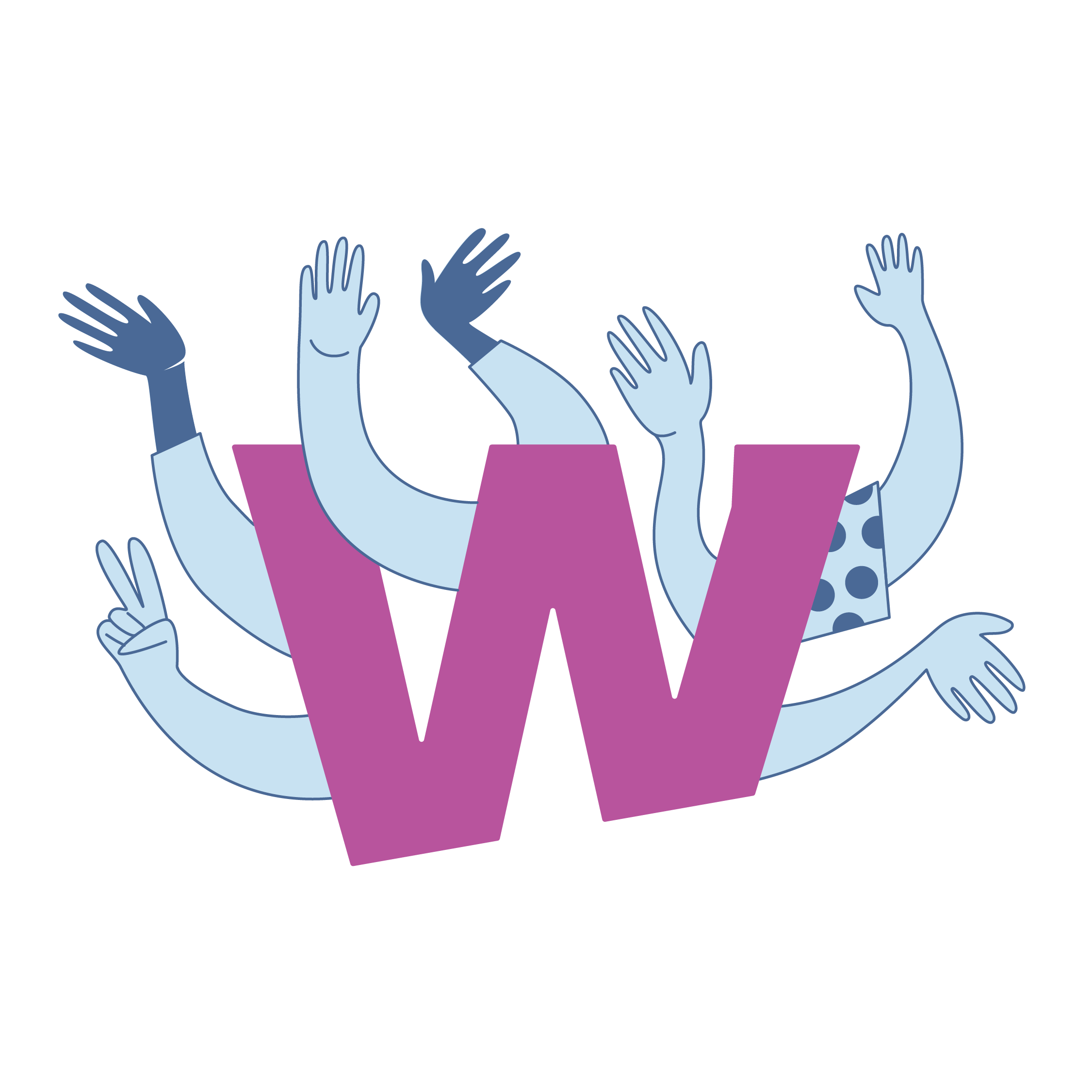 Header Illustration - Wigwam Illustration: Wigwam W in violett mit winkenden Armen und Händen daran und drum herum