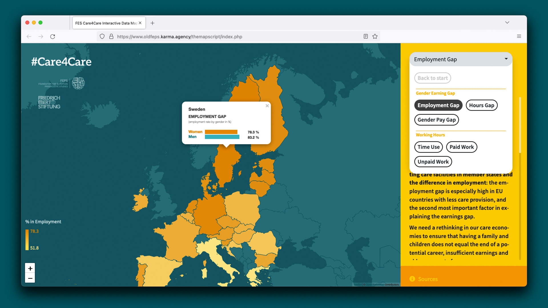Darstellung der #Care4Care-Website. Es ist eine Europa-Karte zu sehen.